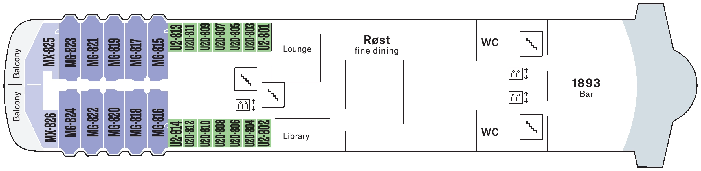 Midnatsol, Deck 8: official cabin and venue layout