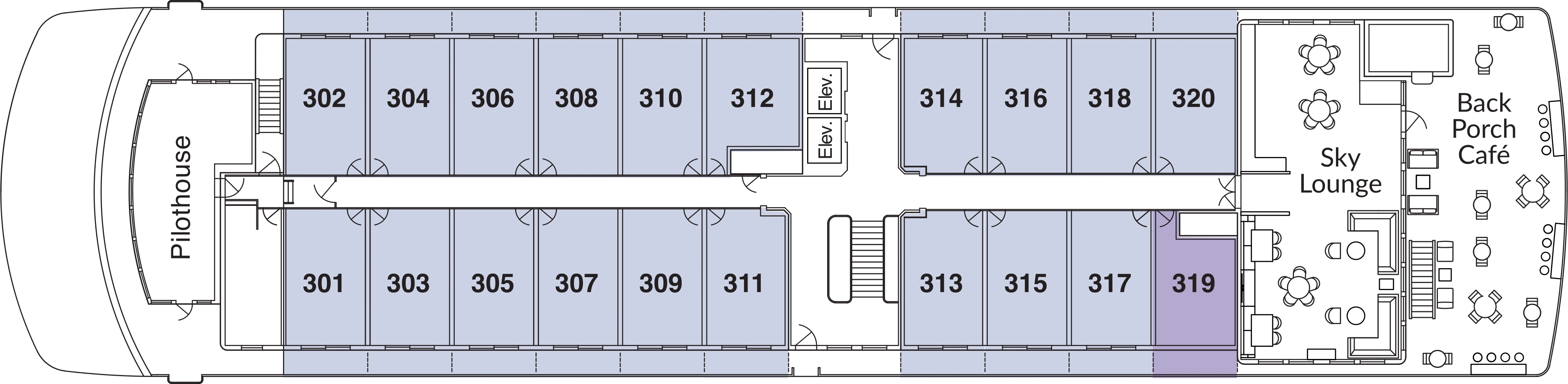 American Legend, Deck 3: official cabin and venue layout