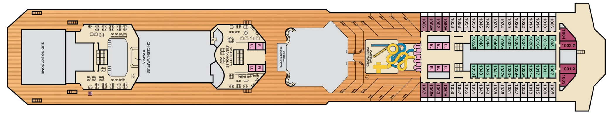 Carnival Valor, Deck 10: official cabin and venue layout