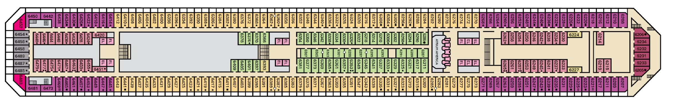 Carnival Valor, Deck 6: official cabin and venue layout