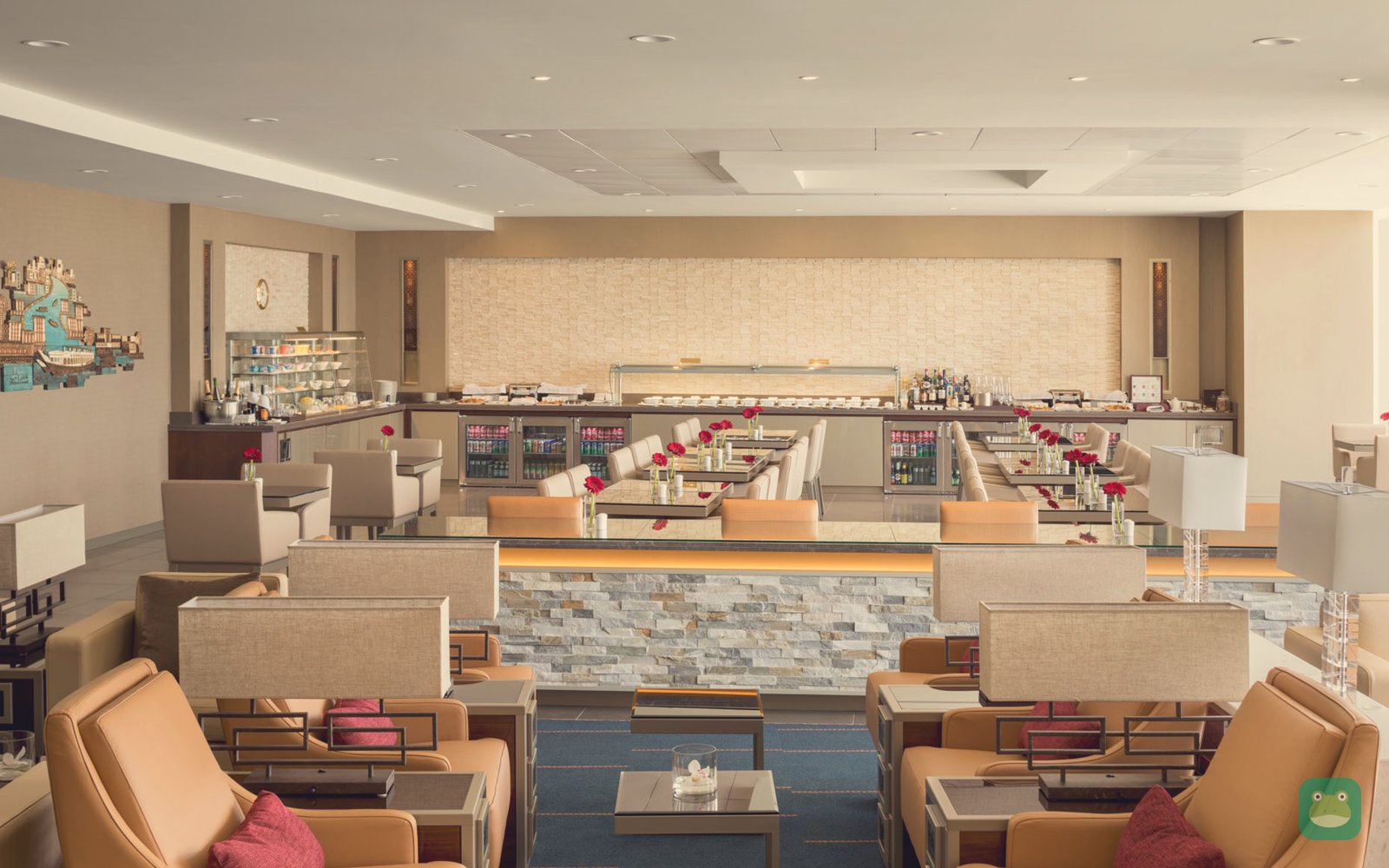 Seating area with buffet and dining area behind