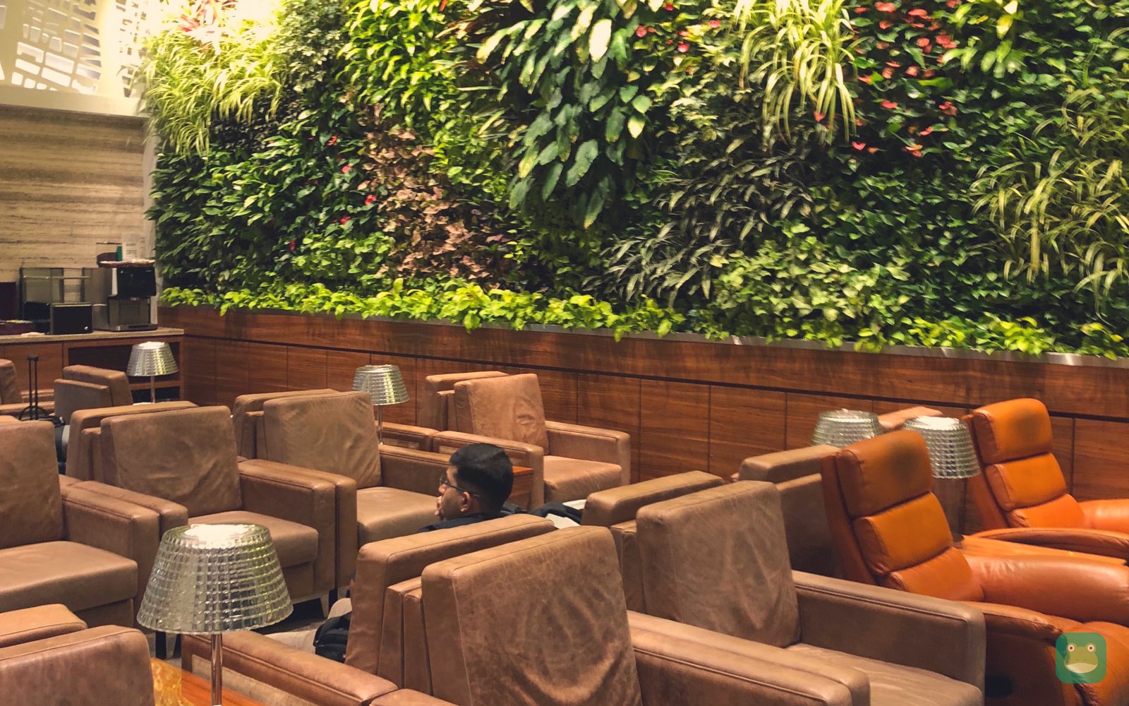 Adani Lounge East (ex-GVK East Wing), BOM Terminal 2 — seating by the plant wall